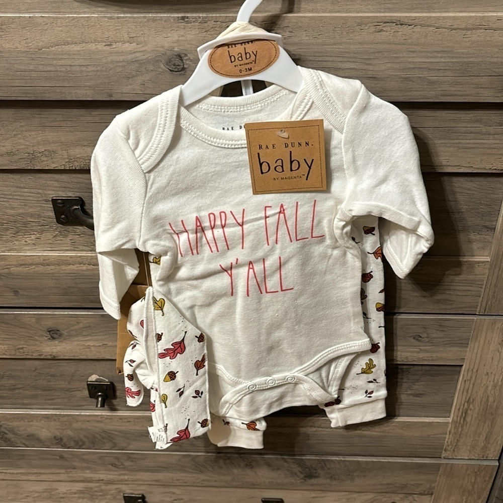 RAE DUNN Newborn 2pc Happy Fall Bodysuit Pant Set With Headband And Gift Set